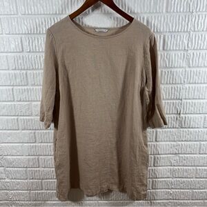 Linenfox Tan Linen Shift Dress Medium 3/4‎ Sleeve Pockets Cottagecore Minimalist